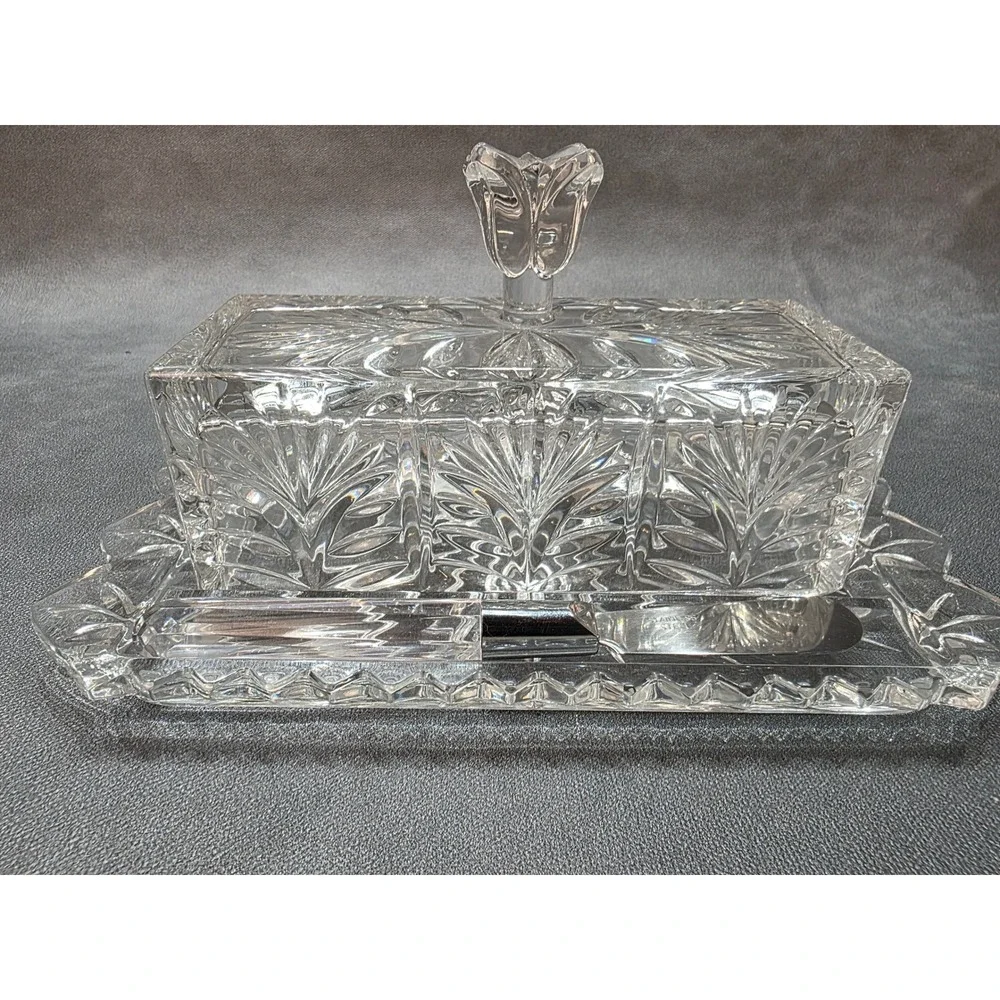 Pressed Glass Butter Dish with Lid and Two Stainless Steel Spreaders Set